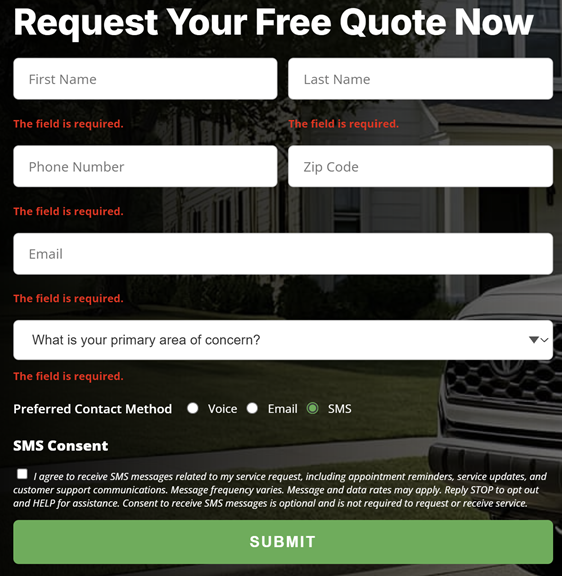Example website SMS opt-in form